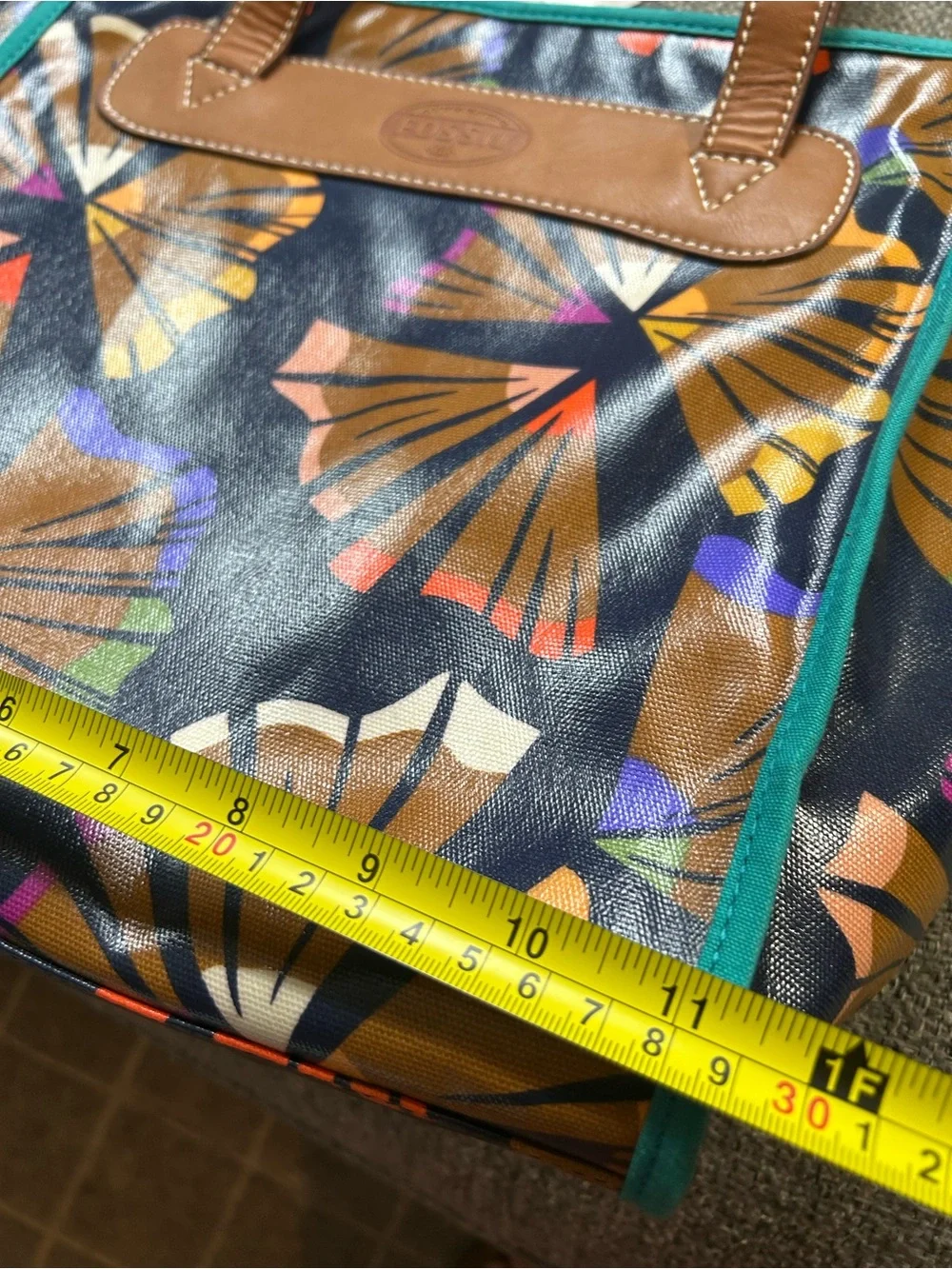 Fossil Navy Floral Fan-Print Tote with Tan Handles and Teal Trim - Picture 10 of 14